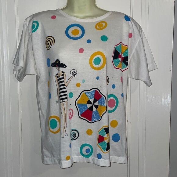 Vtg 80s/90s Silvercord Petites white T-shirt/multi colored circle beach theme - Picture 1 of 9